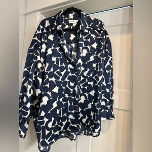 Ichi oversized blue and cream satin blouse